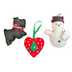 Festive Felt Ornaments Set- set of 3 - snowman heart Scottie dog- handmade vtg